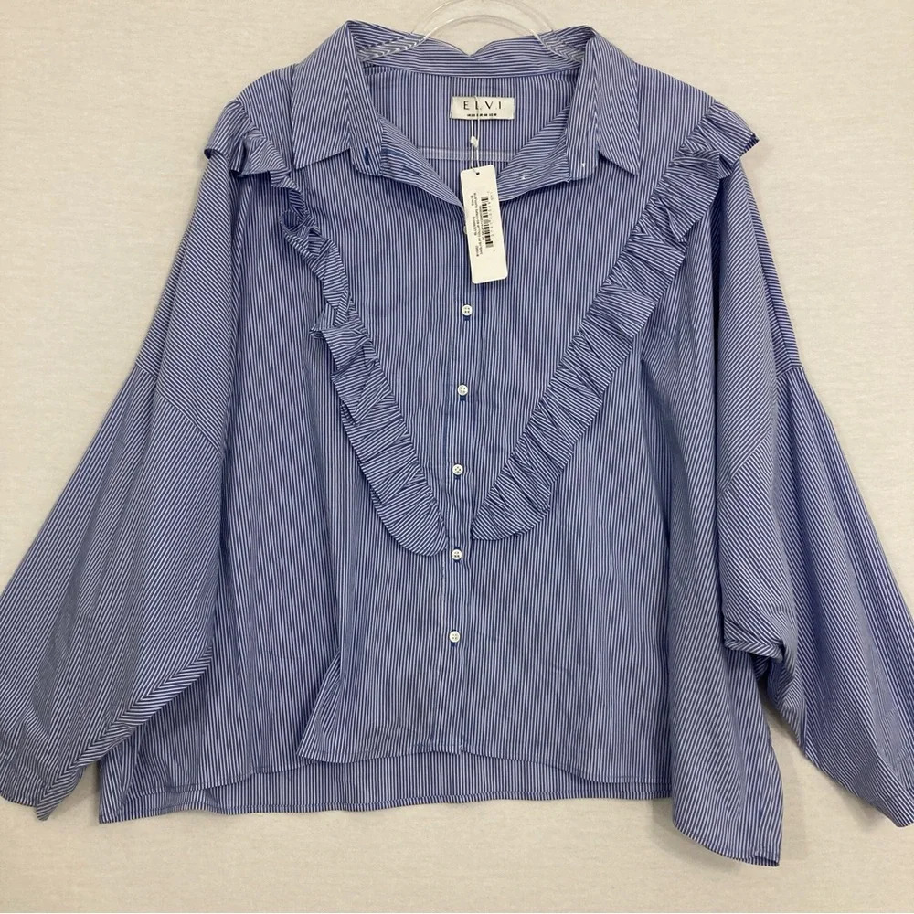 New Elvi Blue White Ruffle Detail Drop Shoulder Relaxed Fit Button Down size 16